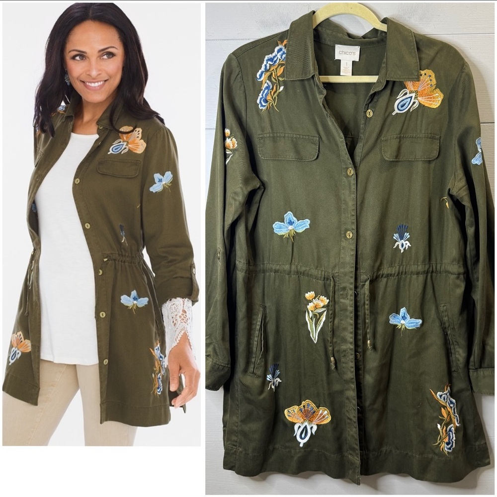 Chico's Embroidered Military-Style Anorak Jacket in Olive Green Size Medium